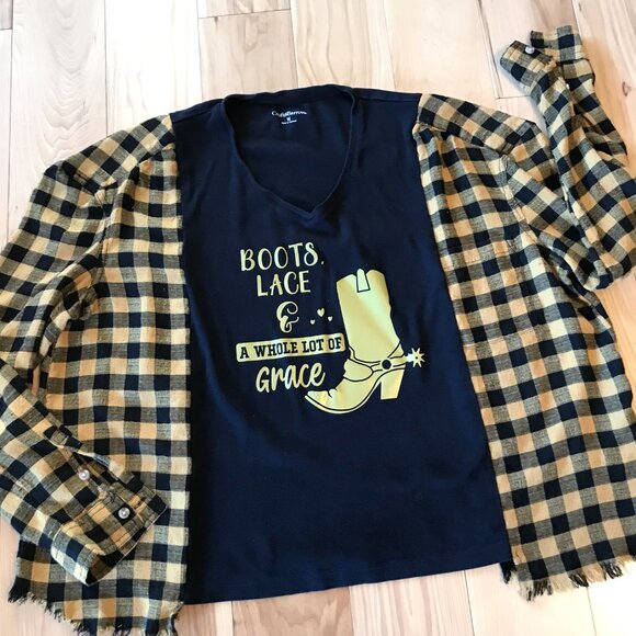 Upcycled Tee, Flannel Sleeves, Size M-L: Oversized Cowgirl Boot Graphic Shirt - Picture 5 of 11